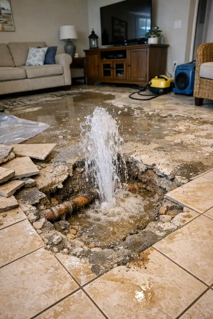 Active water leak spreading across a Goodyear home floor